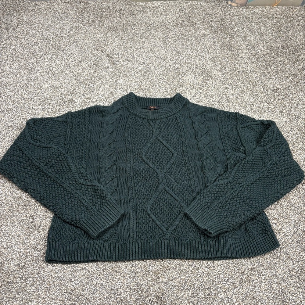Quince Women 100% Organic Cotton Cropped Cable Crew Sweater Dark Spruce Size M